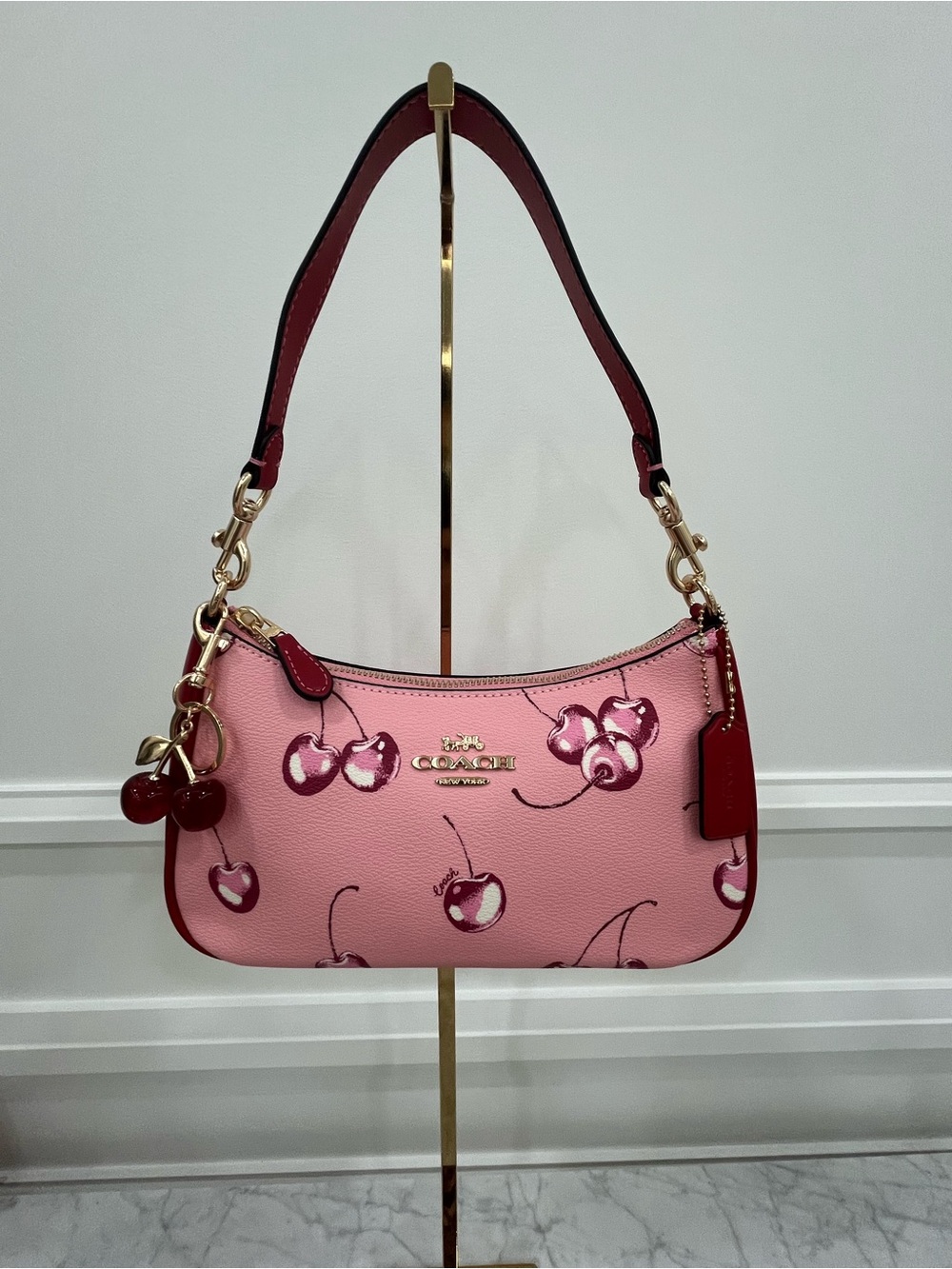 Coach Pink Cherry Print Leather Shoulder Bag with Red Trim